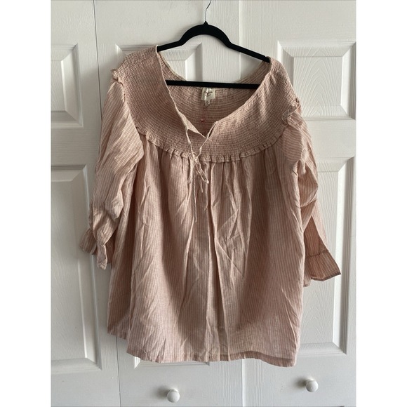 Hayden Los Angeles Tops - Hayden Los Angeles Smocked Peasant Blouse Womens 2XL Pink Striped‎ Boho Cotton